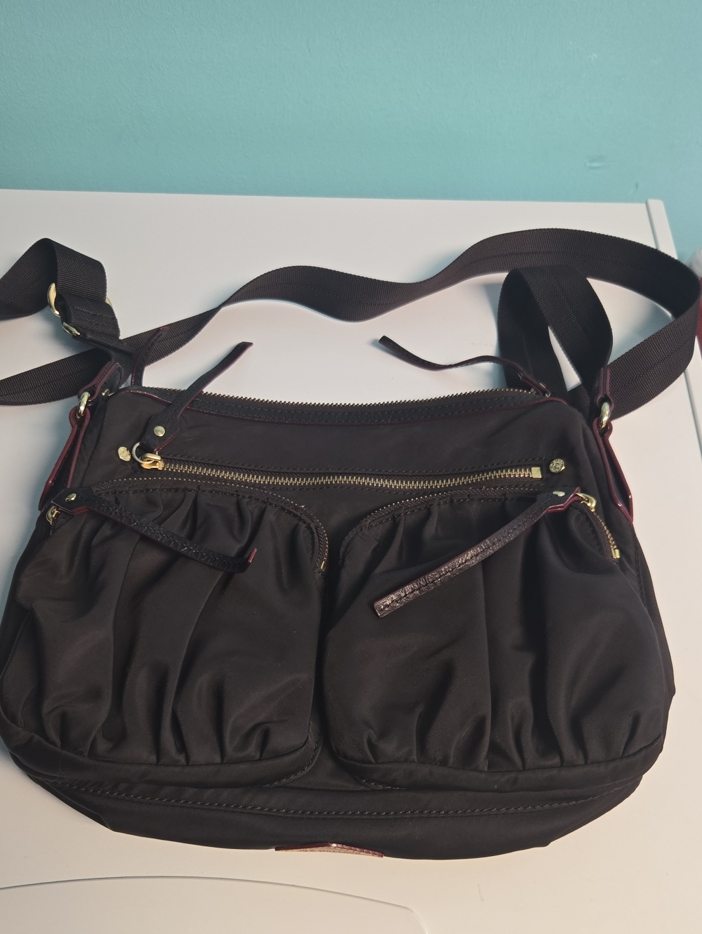 MZ WALLACE Brown and Tan Interior Handbag with Red Trim